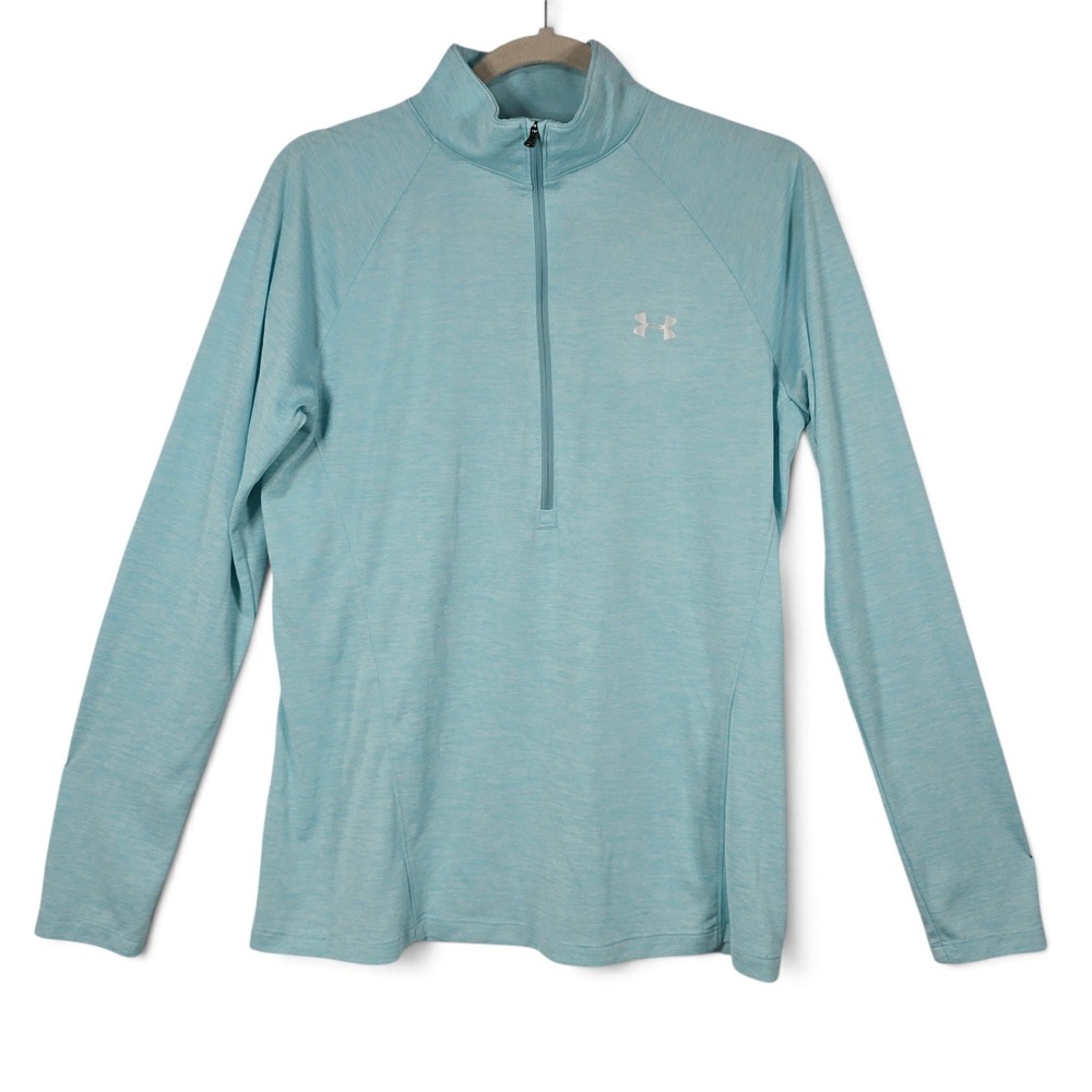 Under Armour Pullover Women Large 1/4 Zip Blue Heathered HeatGear Active Top EUC